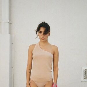 Zara Asymmetrical Knit Top, size M, camel/nude